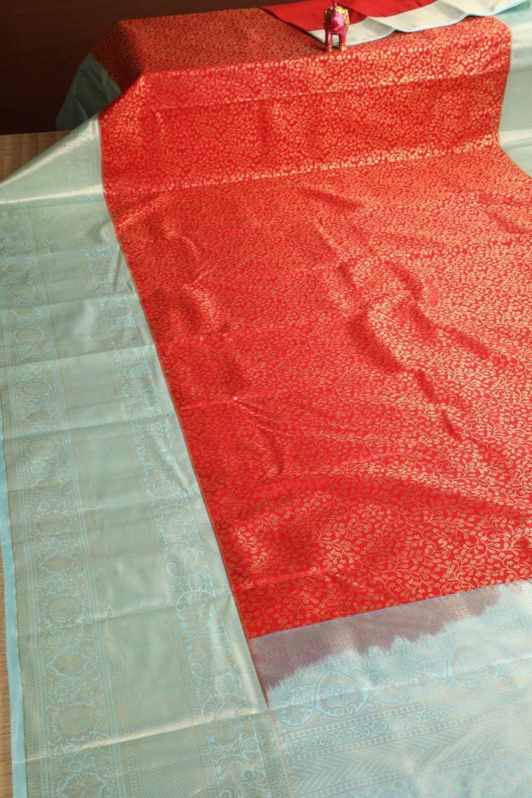 Candy Red Apoorva Silk Sarees with Gold Zari Floral Patterns view 2