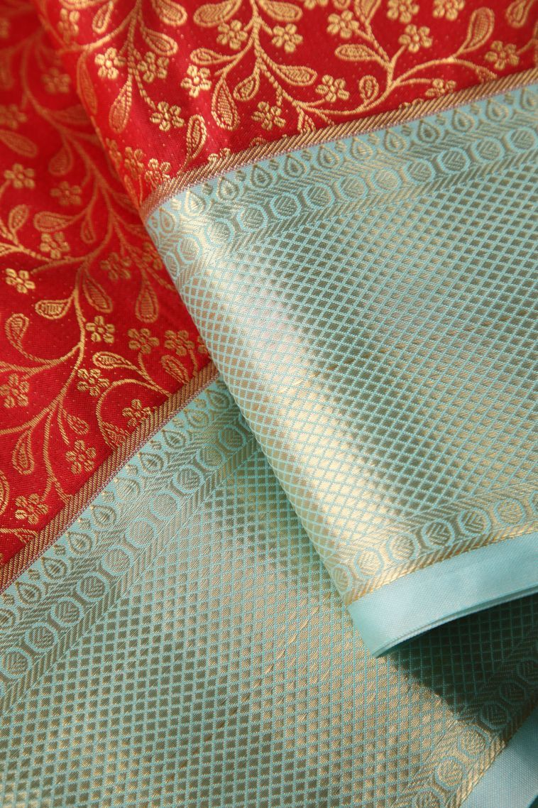Candy Red Apoorva Silk Sarees with Gold Zari Floral Patterns view 4