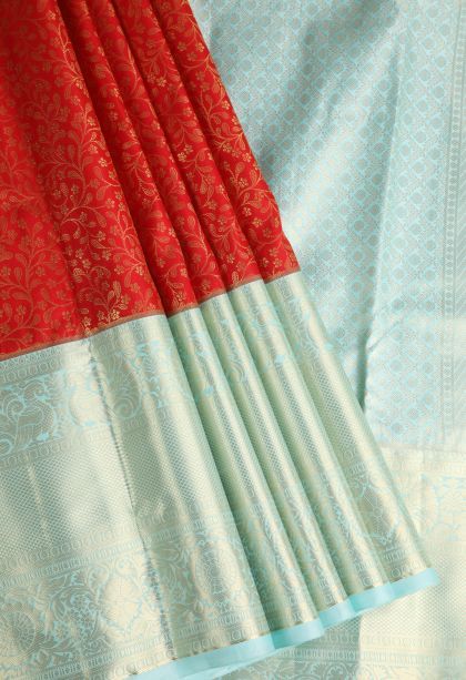 Candy Red Apoorva Silk Sarees with Gold Zari Floral Patterns