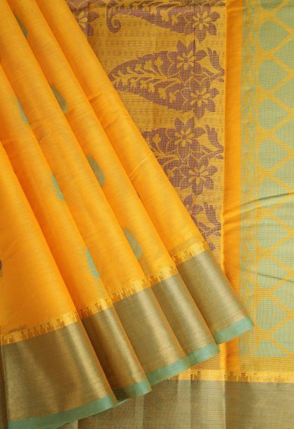 Lemon Yellow Chettinad Cotton Sarees with Without Zari Zari Floral Puttas
