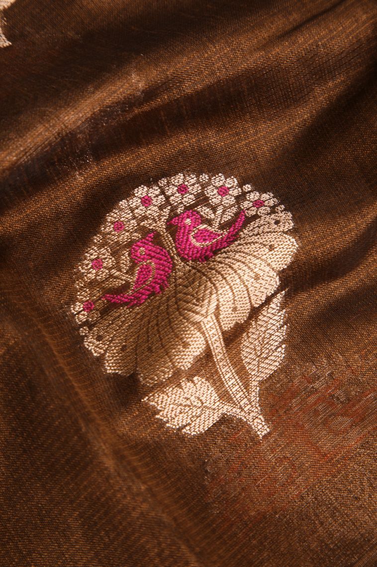 Tawny Brown Banaras Sarees with Gold Zari Birds Mottif view 4