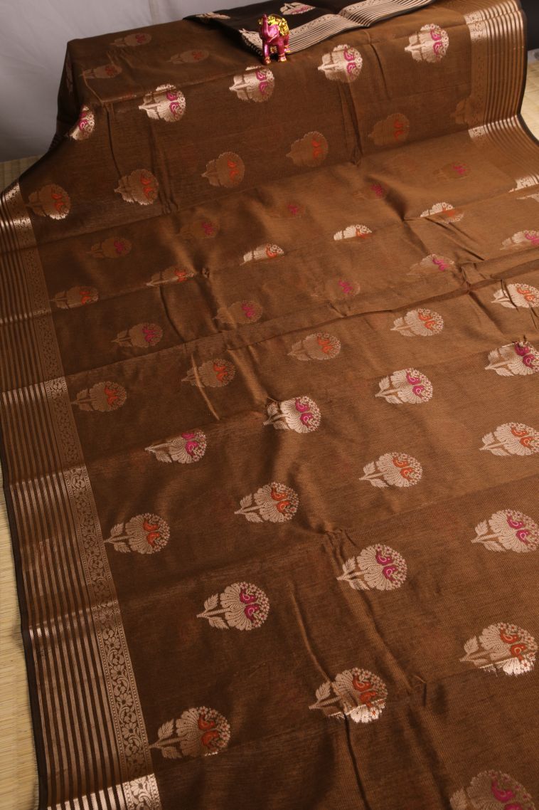 Tawny Brown Banaras Sarees with Gold Zari Birds Mottif view 2