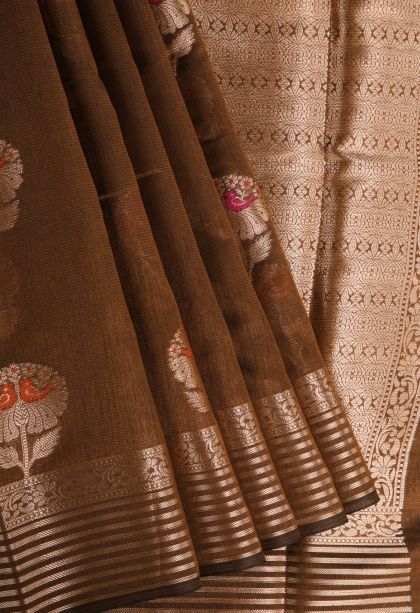 Tawny Brown Banaras Sarees with Gold Zari Birds Mottif