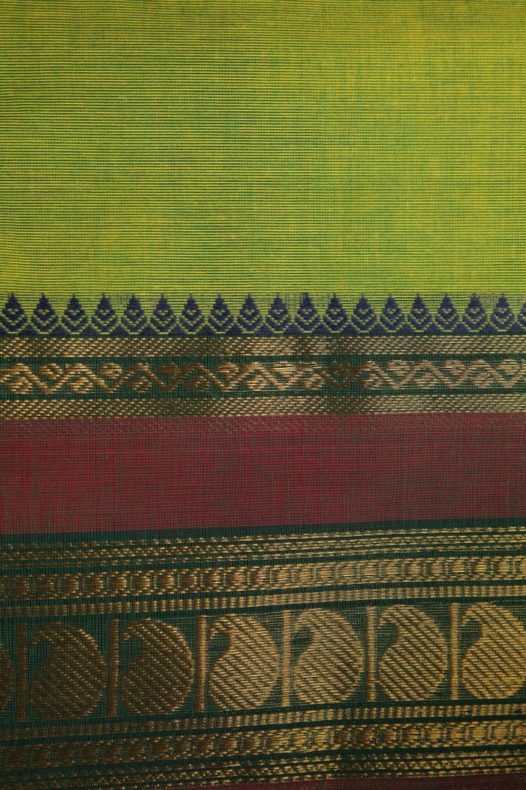 Lime Green Chettinad Cotton Sarees with Gold Zari Plain view 3