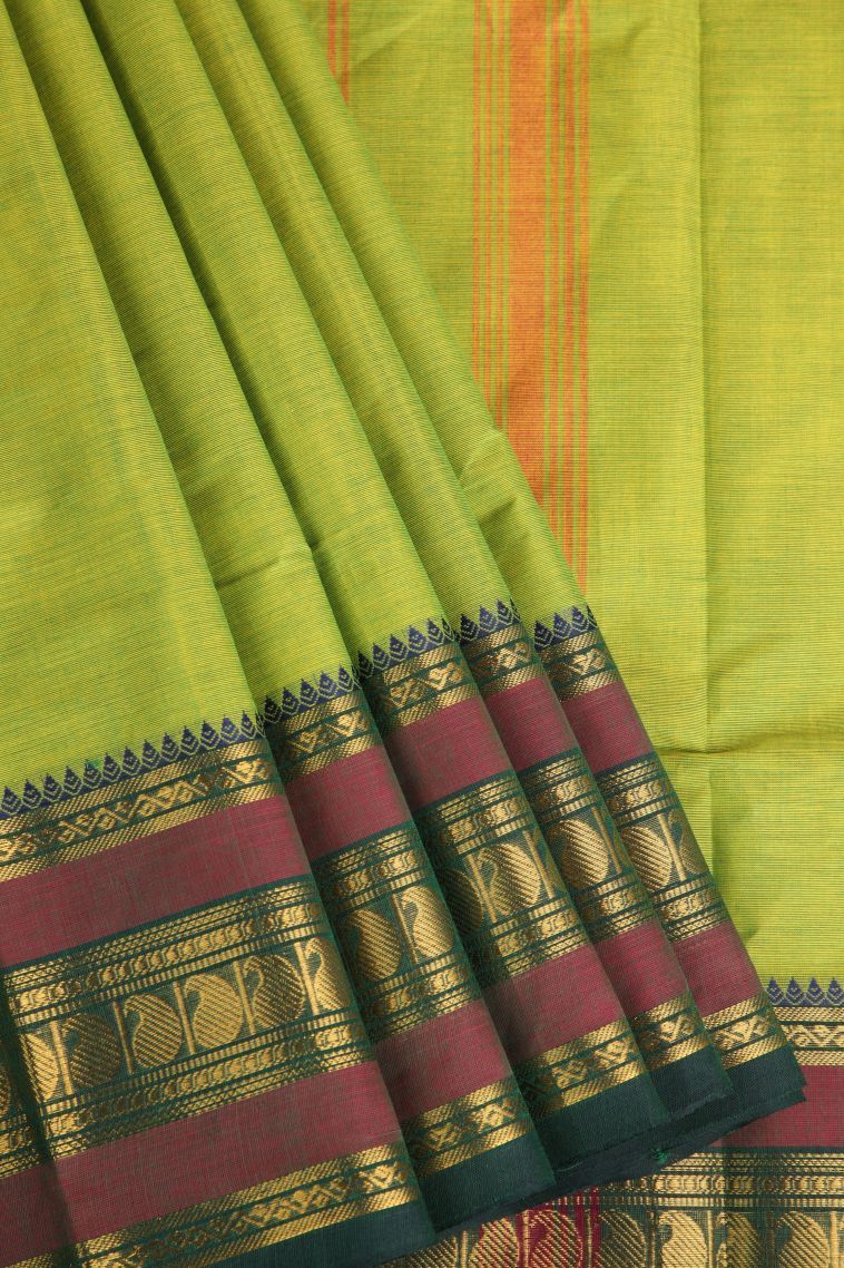 Lime Green Chettinad Cotton Sarees with Gold Zari Plain view 1