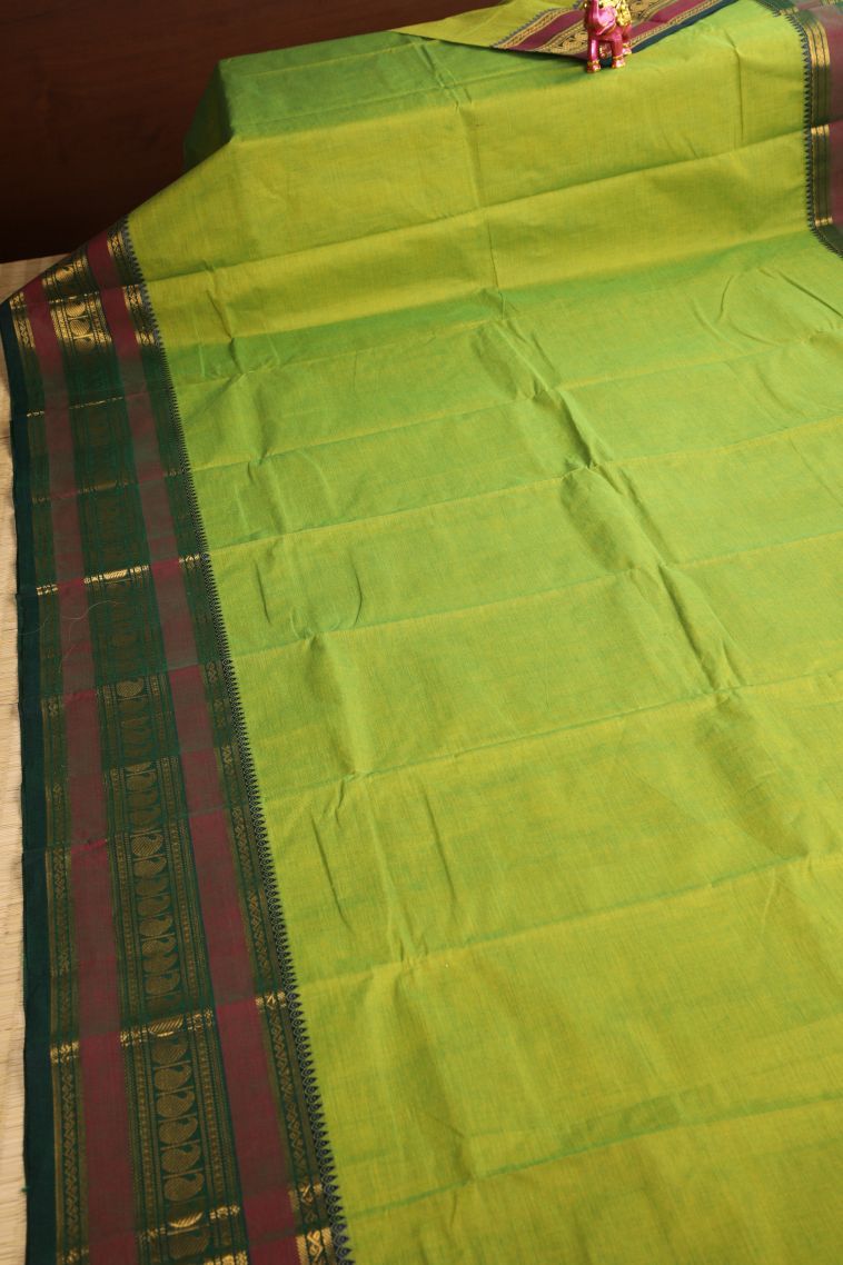 Lime Green Chettinad Cotton Sarees with Gold Zari Plain view 2