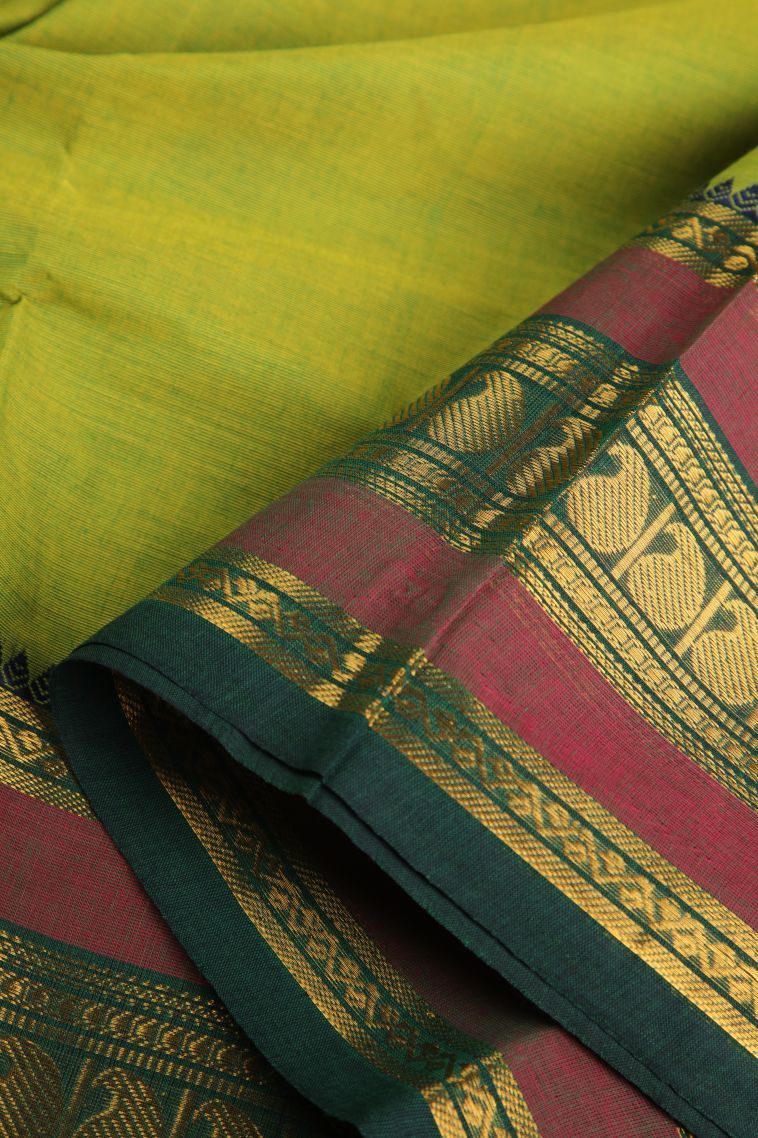 Lime Green Chettinad Cotton Sarees with Gold Zari Plain view 4