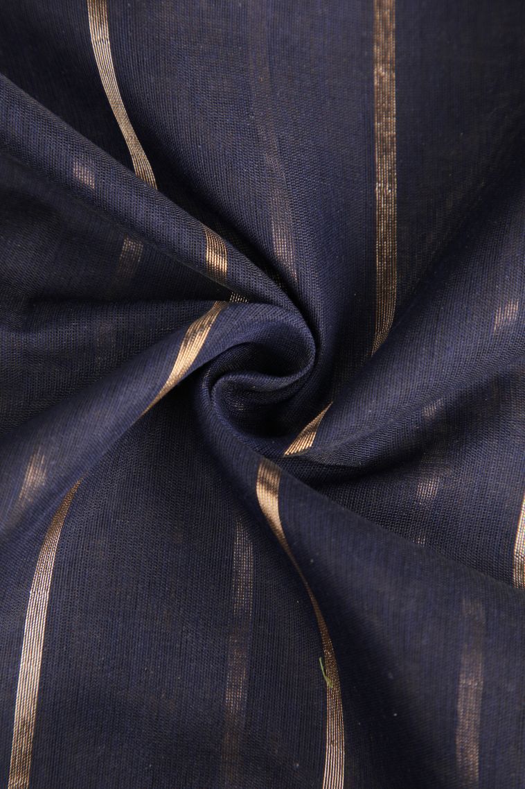 Navy Blue Semi Tussar Silk with Gold Zari Stripes view 4
