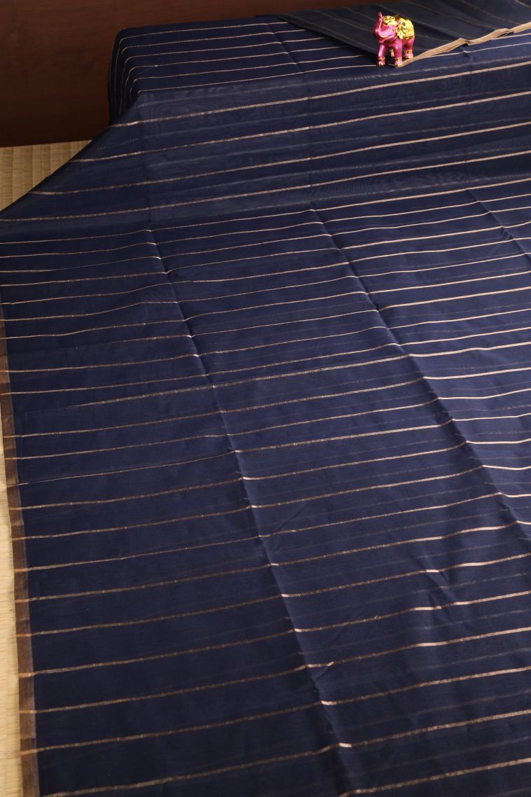 Navy Blue Semi Tussar Silk with Gold Zari Stripes view 2