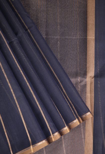 Navy Blue Semi Tussar Silk with Gold Zari Stripes