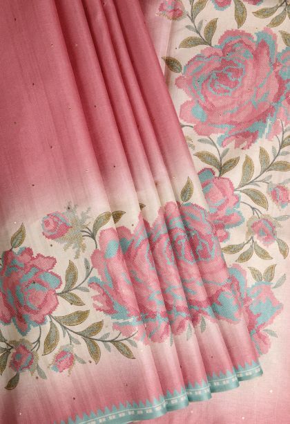 Ballet Pink Tussar Saree with Without Zari Zari Mirror Jamiki Puttas