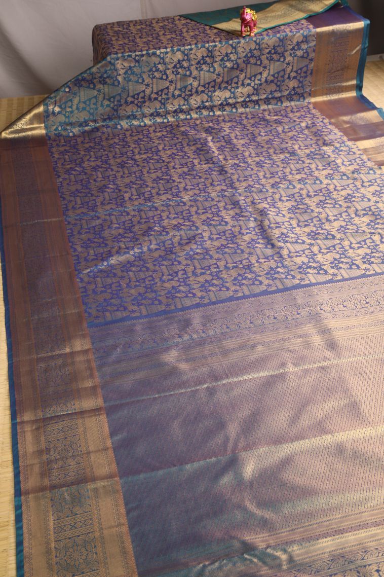 Cerulean Blue Apoorva Silk Sarees with Gold Zari Animal And Bird Motifs view 2
