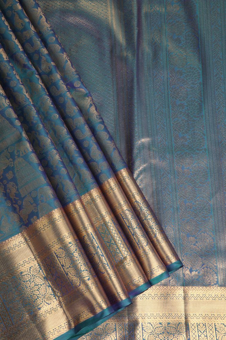 Cerulean Blue Apoorva Silk Sarees with Gold Zari Animal And Bird Motifs view 1
