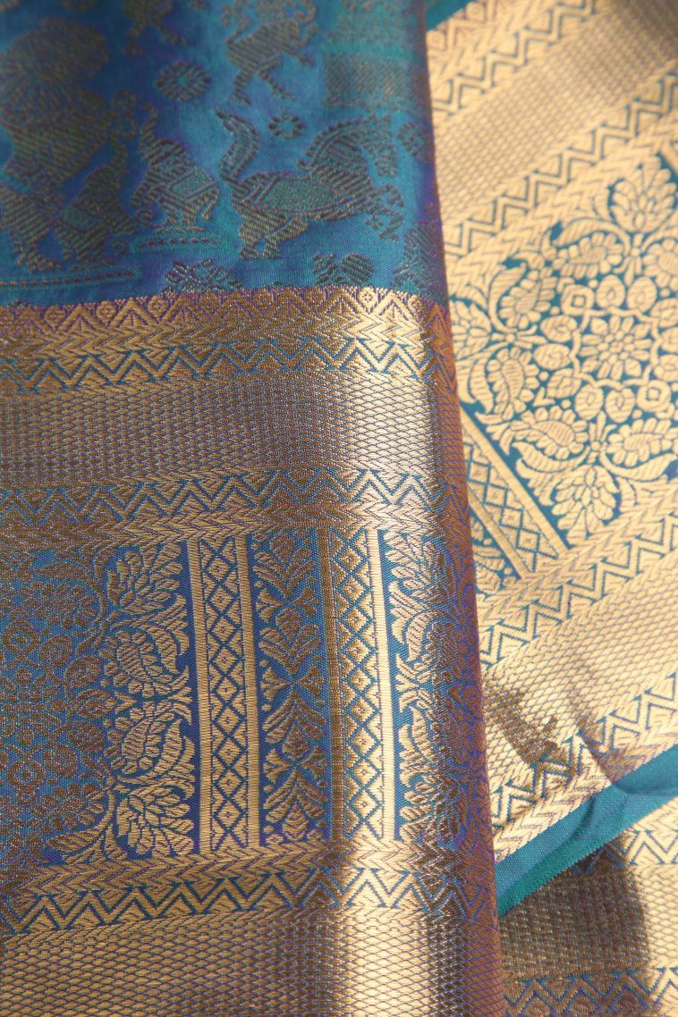 Cerulean Blue Apoorva Silk Sarees with Gold Zari Animal And Bird Motifs view 4