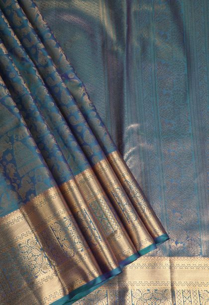 Cerulean Blue Apoorva Silk Sarees with Gold Zari Animal And Bird Motifs