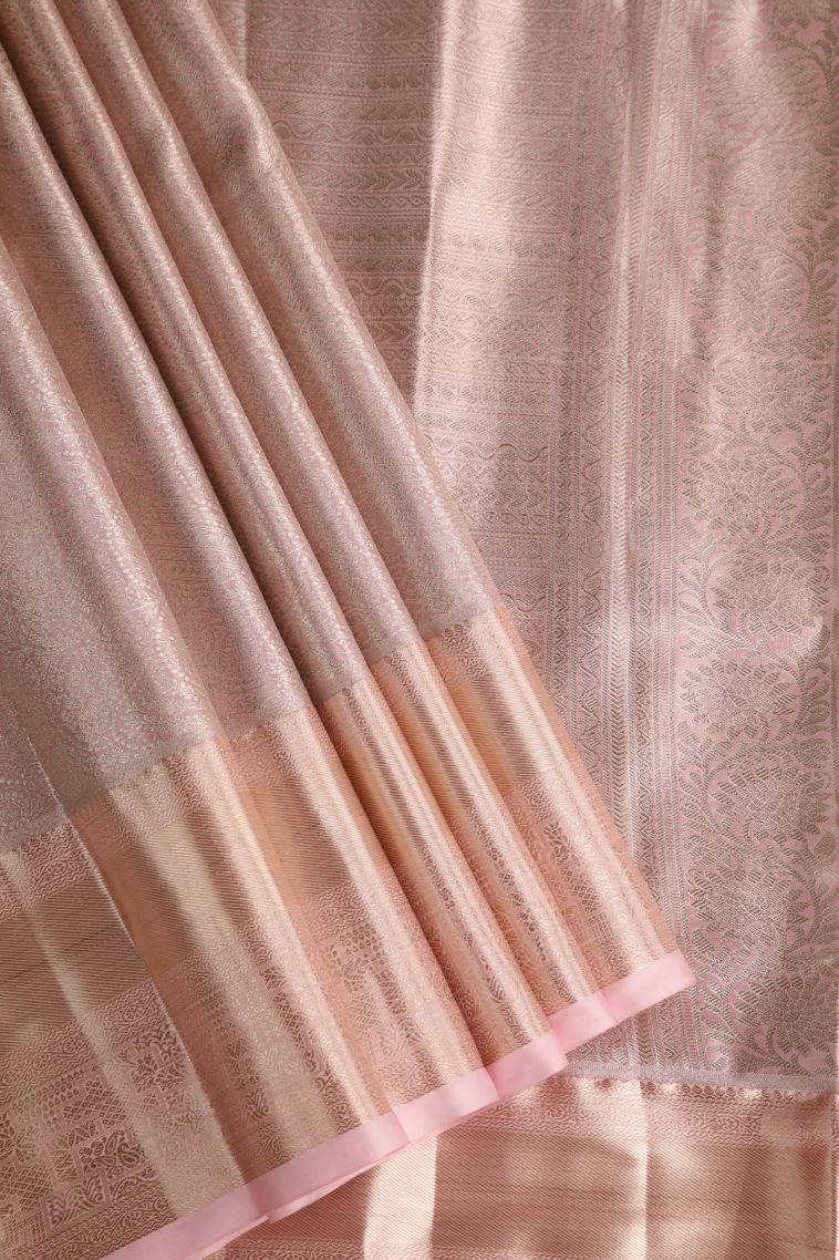 Lemonade Pink Tissue Silk Sarees with Gold Zari Floral Patterns view 1