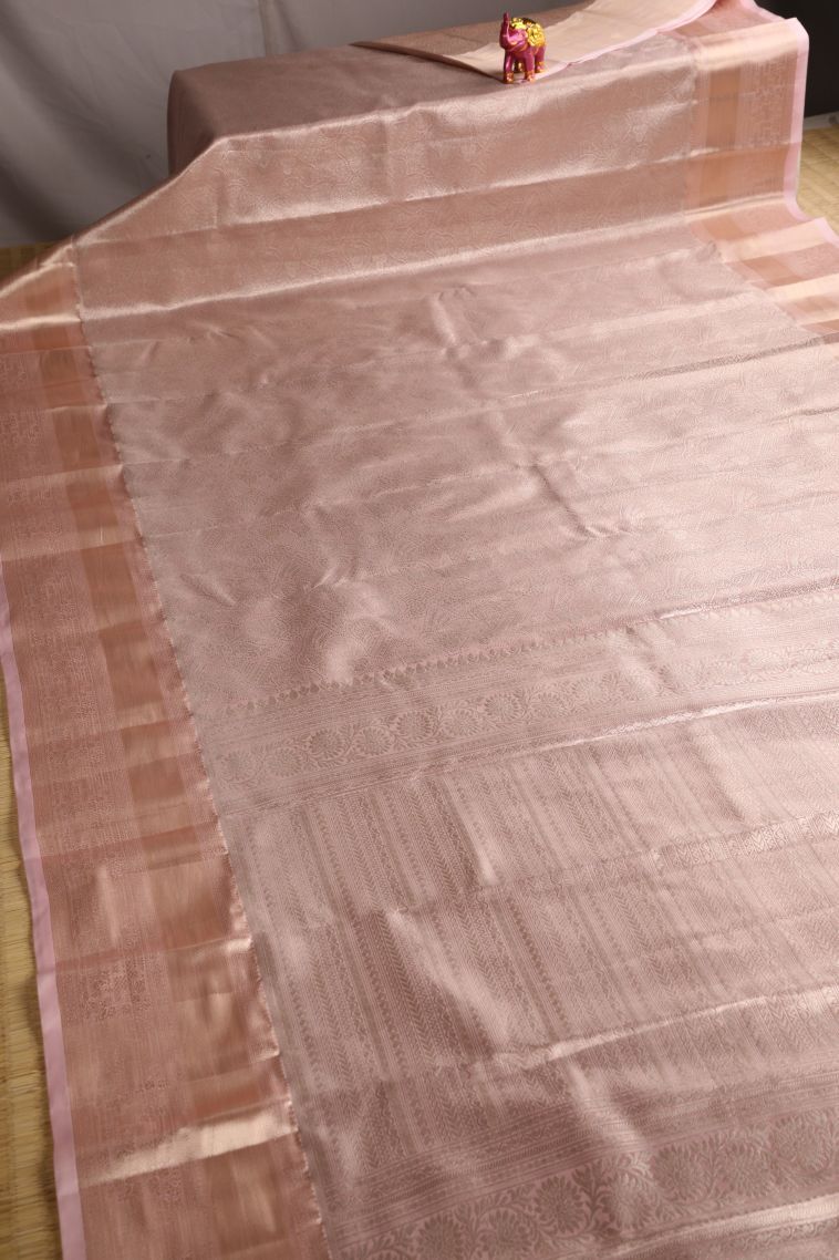 Lemonade Pink Tissue Silk Sarees with Gold Zari Floral Patterns view 2