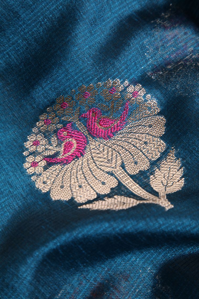 Aegean Blue Banaras Sarees with Gold Zari Birds Mottif view 4