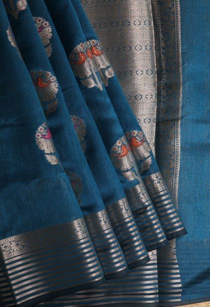 Aegean Blue Banaras Sarees with Gold Zari Birds Mottif
