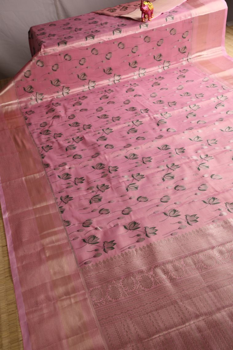 Ballet Pink Tissue Silk Sarees with Gold Zari Floral Patterns view 2