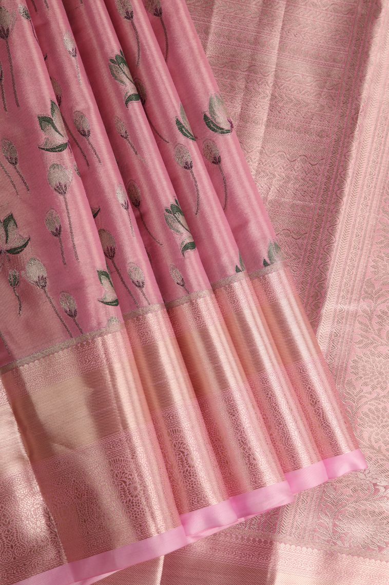 Ballet Pink Tissue Silk Sarees with Gold Zari Floral Patterns view 1