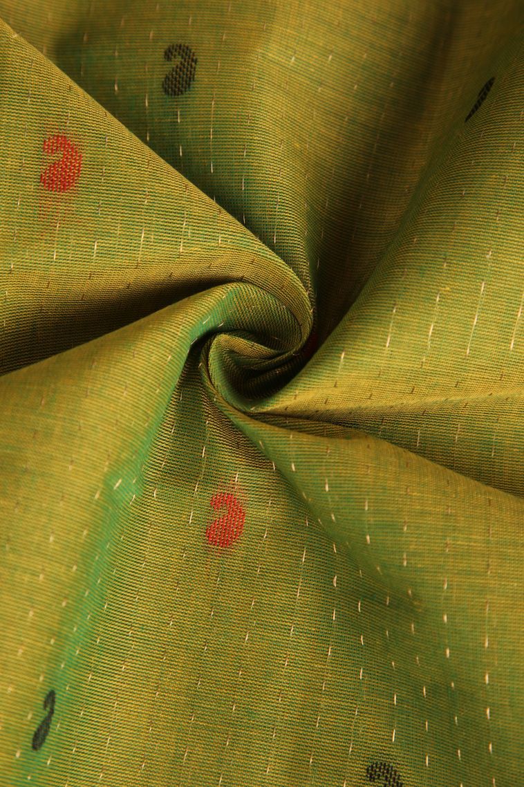 Lime Green Chettinad Cotton Sarees with Without Zari Zari Buttis (small Dots Or Motifs) view 4