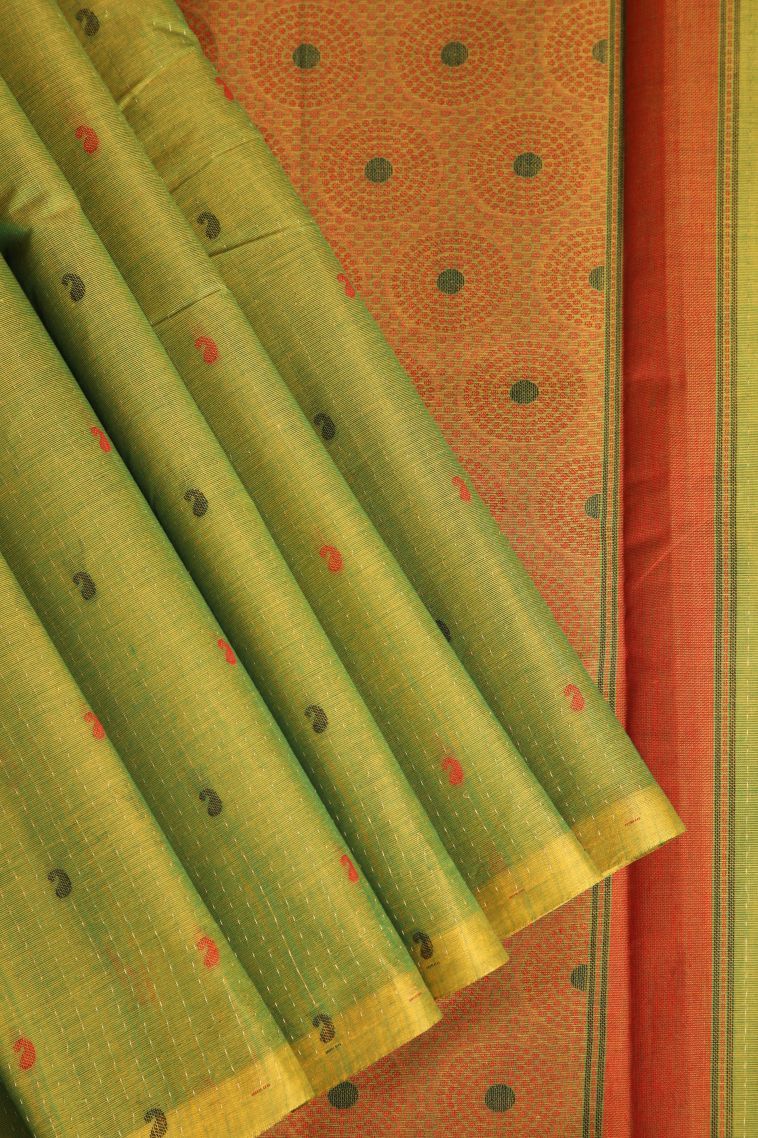 Lime Green Chettinad Cotton Sarees with Without Zari Zari Buttis (small Dots Or Motifs) view 1
