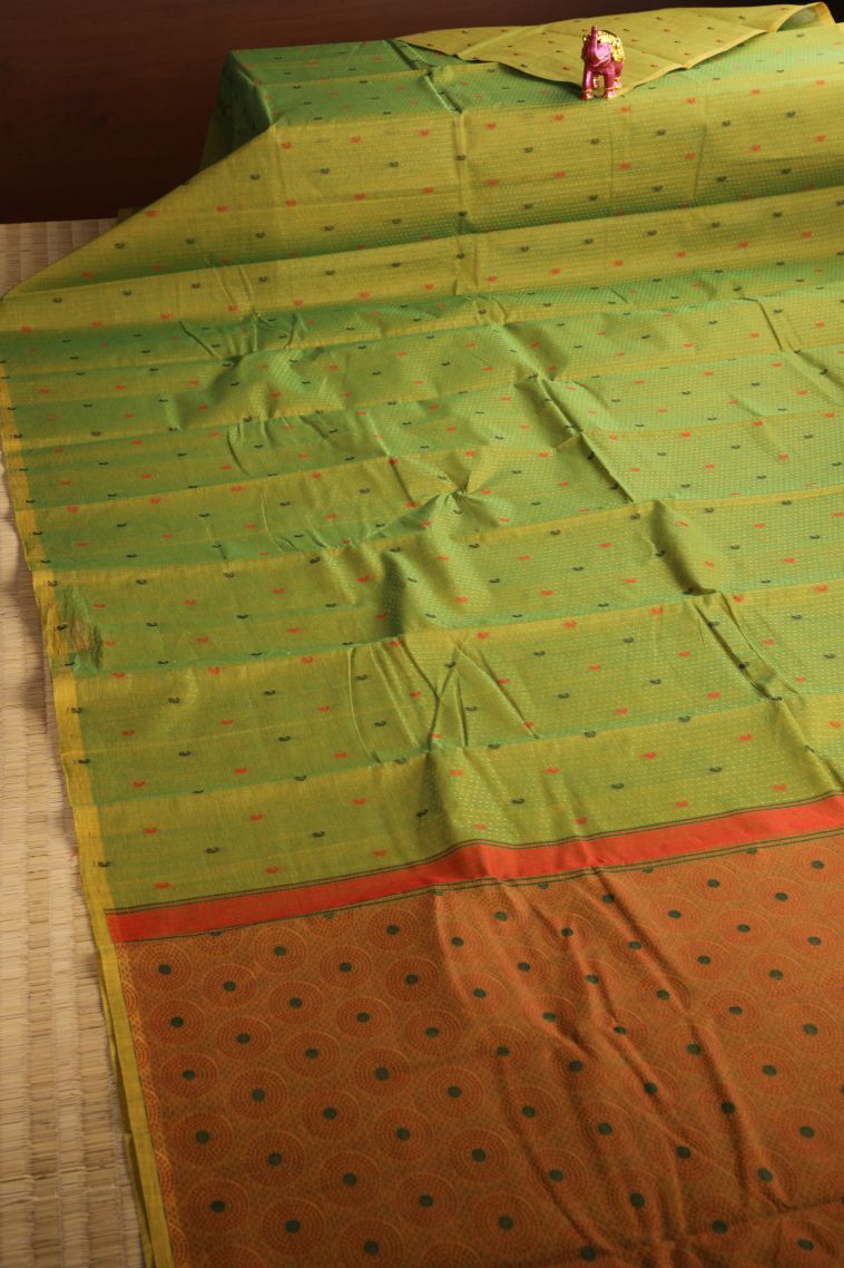 Lime Green Chettinad Cotton Sarees with Without Zari Zari Buttis (small Dots Or Motifs) view 2
