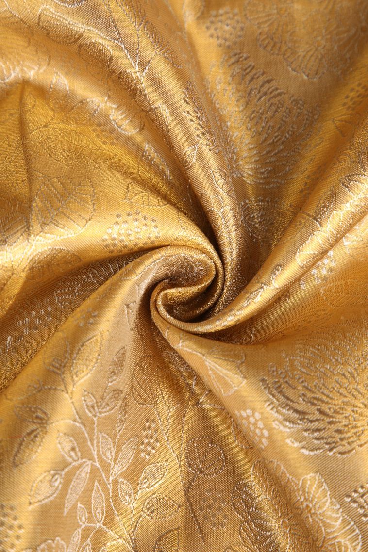 Gold Kanchipuram Silk Sarees with Gold Zari Floral Patterns view 4