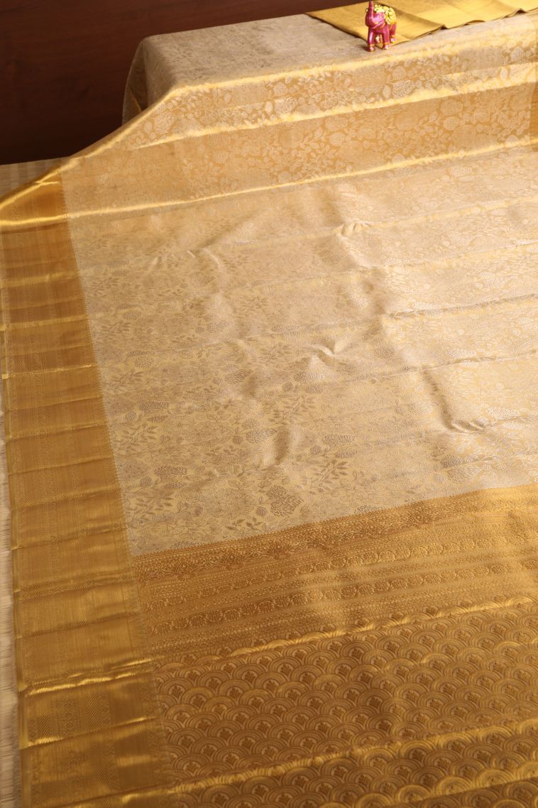 Gold Kanchipuram Silk Sarees with Gold Zari Floral Patterns view 2
