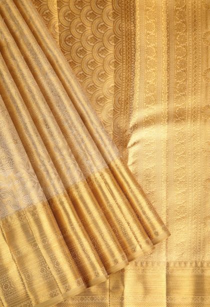 Gold Kanchipuram Silk Sarees with Gold Zari Floral Patterns