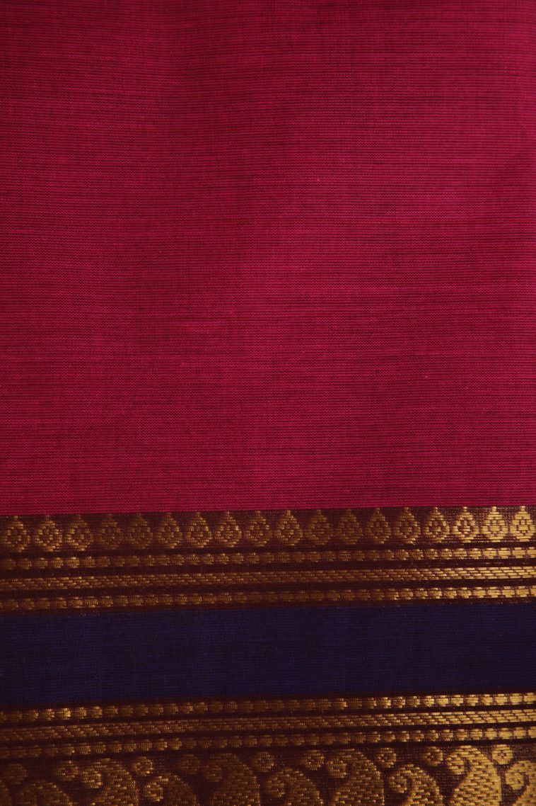 Cherry  Red Chettinad Cotton Sarees with Gold Zari Plain view 3