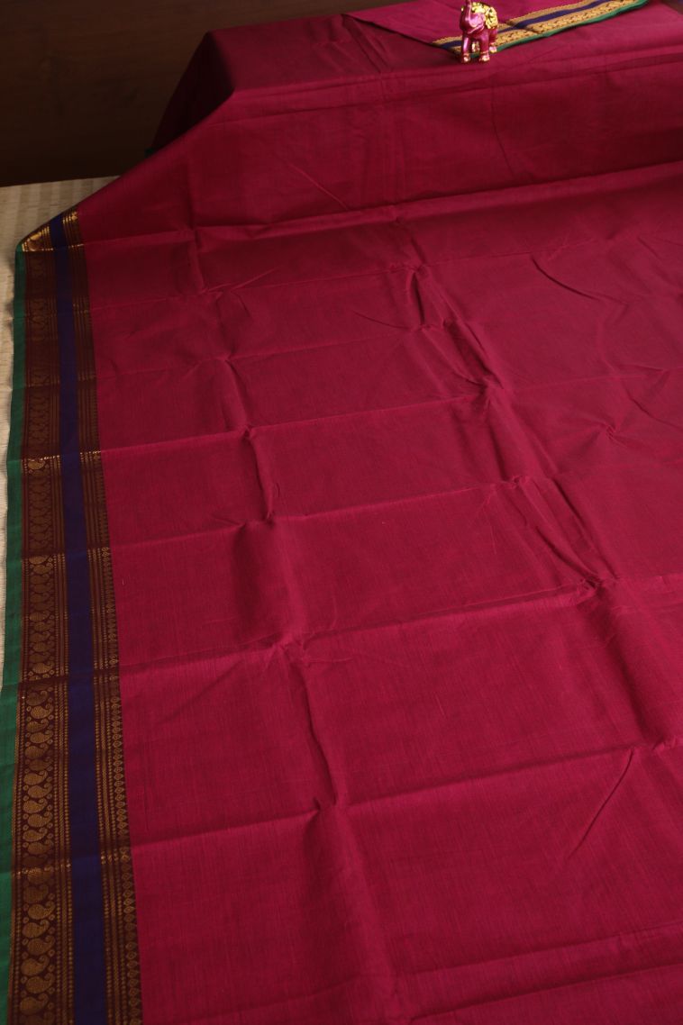 Cherry  Red Chettinad Cotton Sarees with Gold Zari Plain view 4