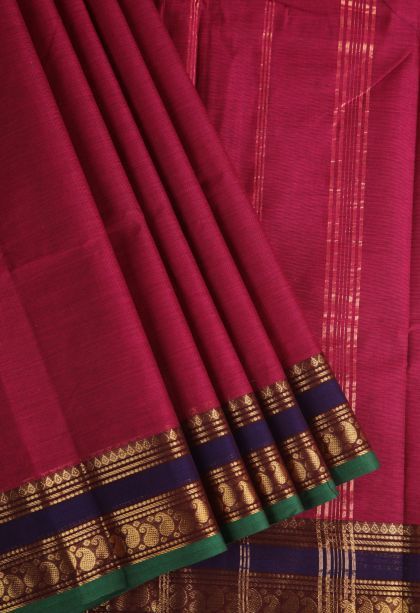 Cherry  Red Chettinad Cotton Sarees with Gold Zari Plain