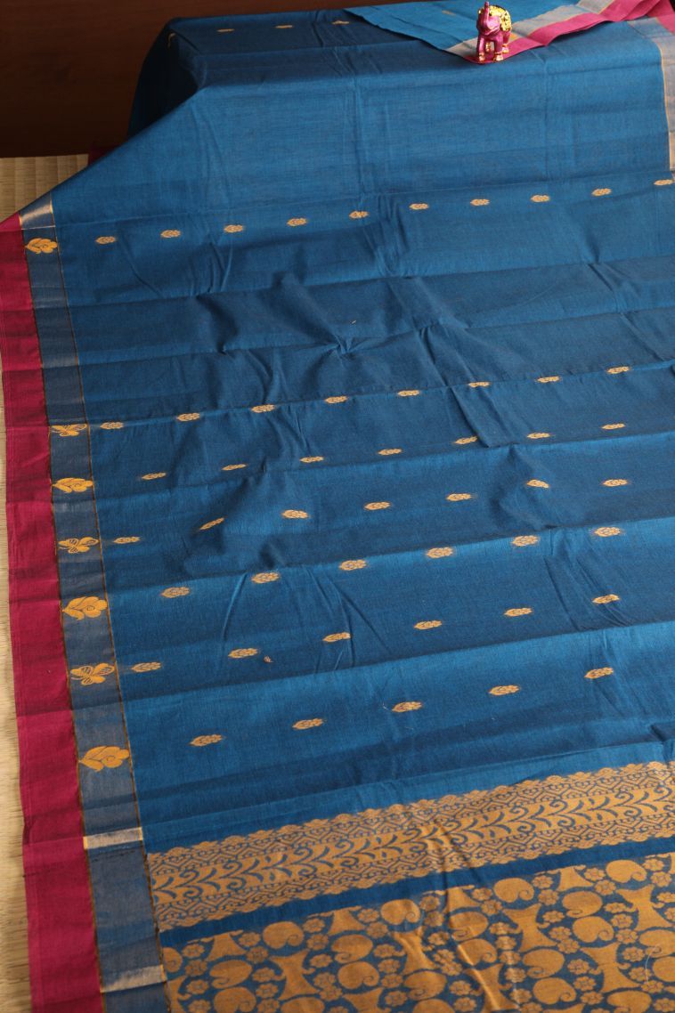 Aegean Blue Chettinad Cotton Sarees with Without Zari Zari Floral Puttas view 2