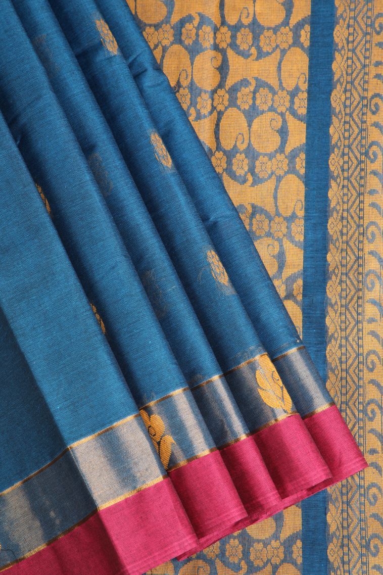 Aegean Blue Chettinad Cotton Sarees with Without Zari Zari Floral Puttas view 1