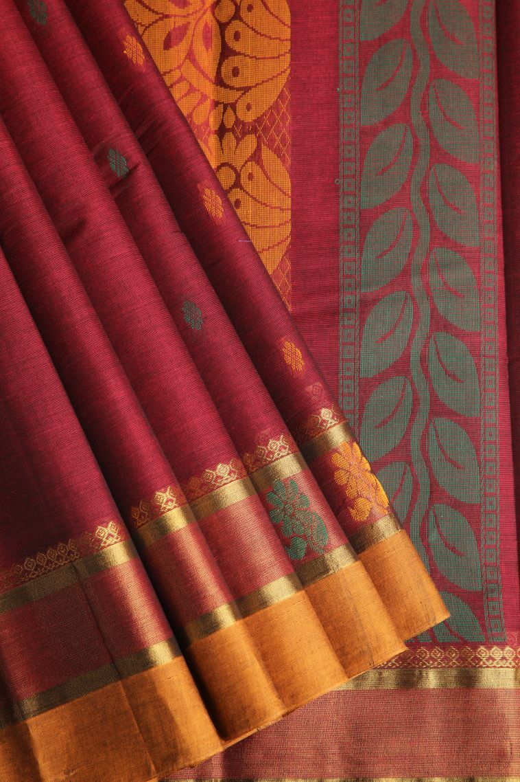 Berry Red Chettinad Cotton Sarees with Without Zari Zari Buttis (small Dots Or Motifs) view 1