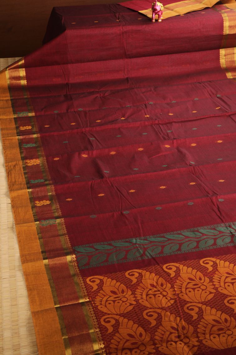 Berry Red Chettinad Cotton Sarees with Without Zari Zari Buttis (small Dots Or Motifs) view 2