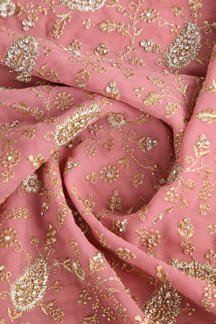 Crepe Pink Designer Sarees with Gold Zari Stone Work view 4