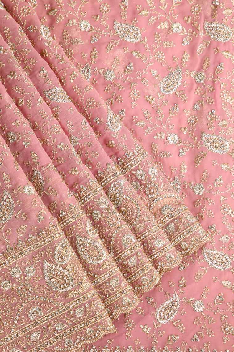 Crepe Pink Designer Sarees with Gold Zari Stone Work view 1