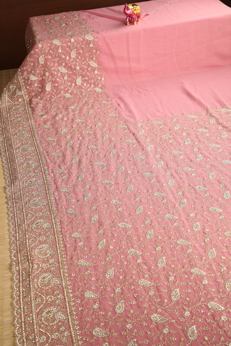 Crepe Pink Designer Sarees with Gold Zari Stone Work view 2