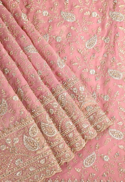 Crepe Pink Designer Sarees with Gold Zari Stone Work