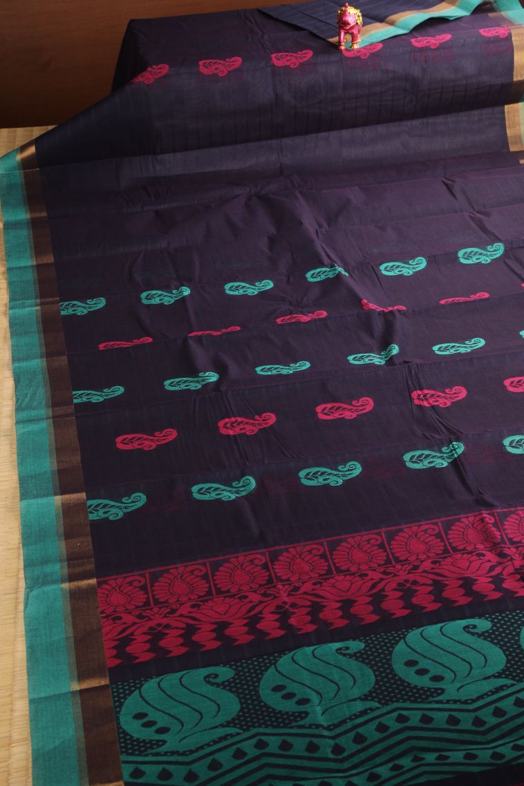 Indigo Blue Chettinad Cotton Sarees with Gold Zari Manga view 2