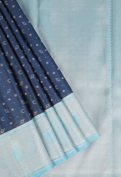 Berry Blue Kanchipuram Silk Sarees with Silver Zari Stars And Moon Jupiter