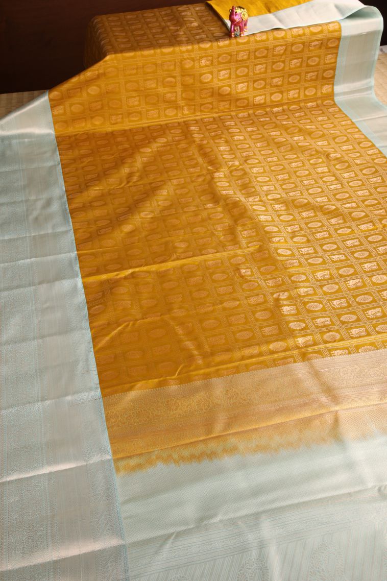 Sepia Yellow Apoorva Silk Sarees with Gold Zari Checks And Puttas view 2