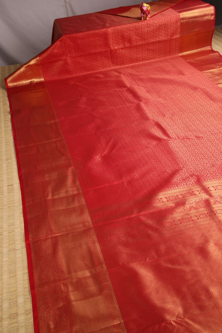 Candy Red Apoorva Silk Sarees with Gold Zari Floral Patterns view 2