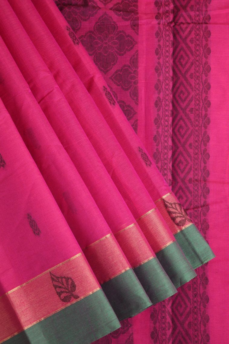 Magenta  Pink Chettinad Cotton Sarees with Without Zari Zari Buttis (small Dots Or Motifs) view 1