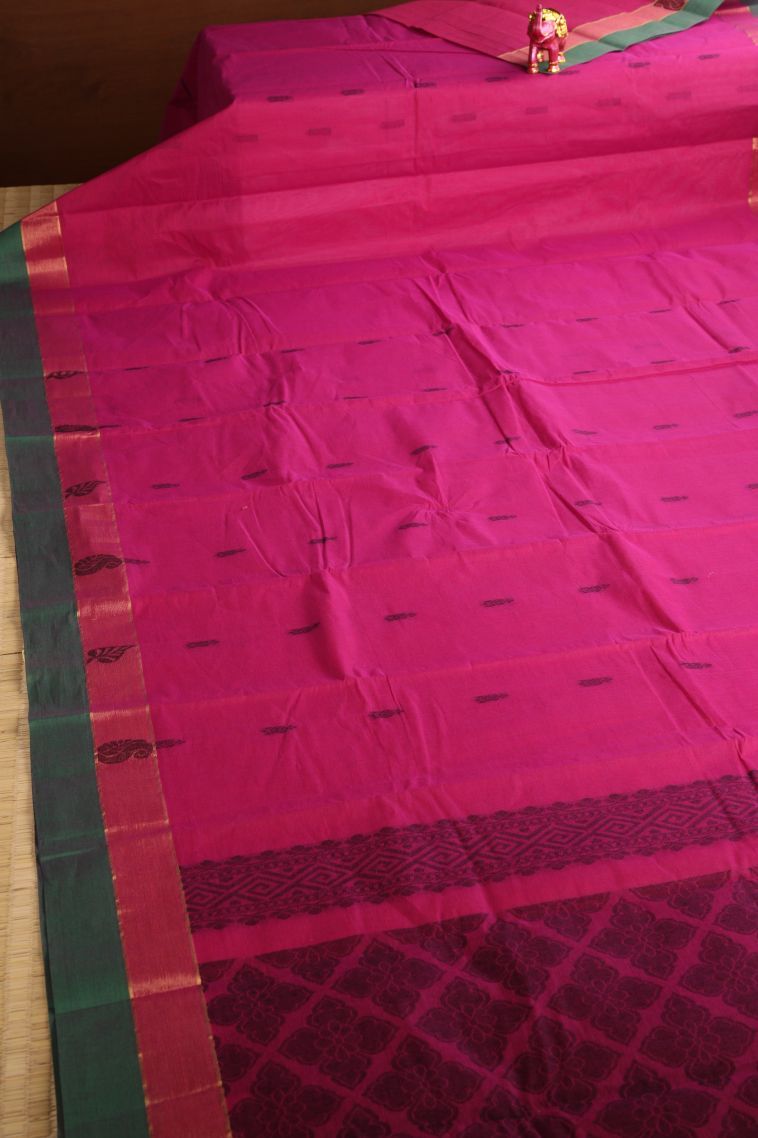 Magenta  Pink Chettinad Cotton Sarees with Without Zari Zari Buttis (small Dots Or Motifs) view 2
