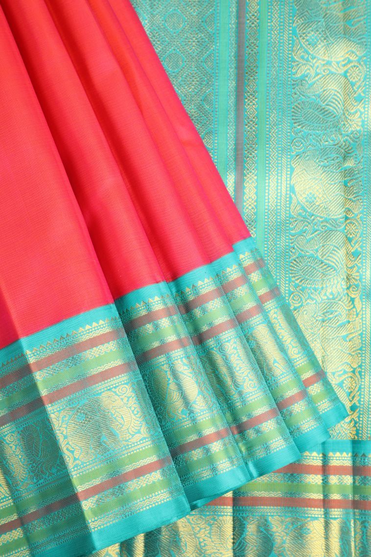 Hot Pink Kanchipuram Silk Sarees with Gold Zari Plain view 1