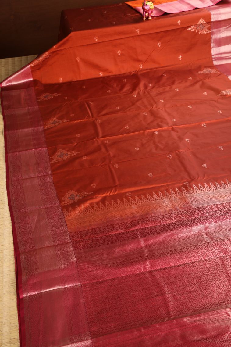 Cherry  Red Apoorva Silk Sarees with Copper Zari Floral Puttas view 2
